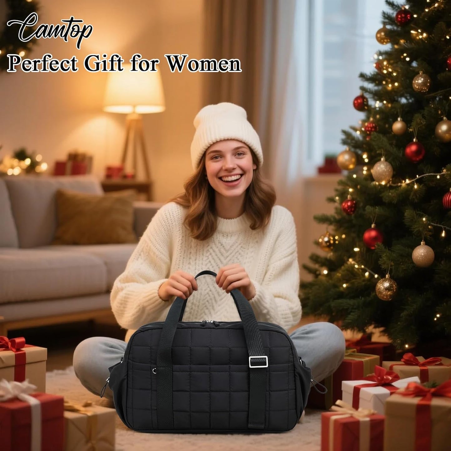 CAMTOP Mini Gym Bag for Women, Small Gym Tote Bag Puffy Quilted Sports Duffel Bag with Wet Compartment and Coin Purse Duffel Bags Dance Yoga Workout Bag for Gifts (All Black, Mini-12.6")