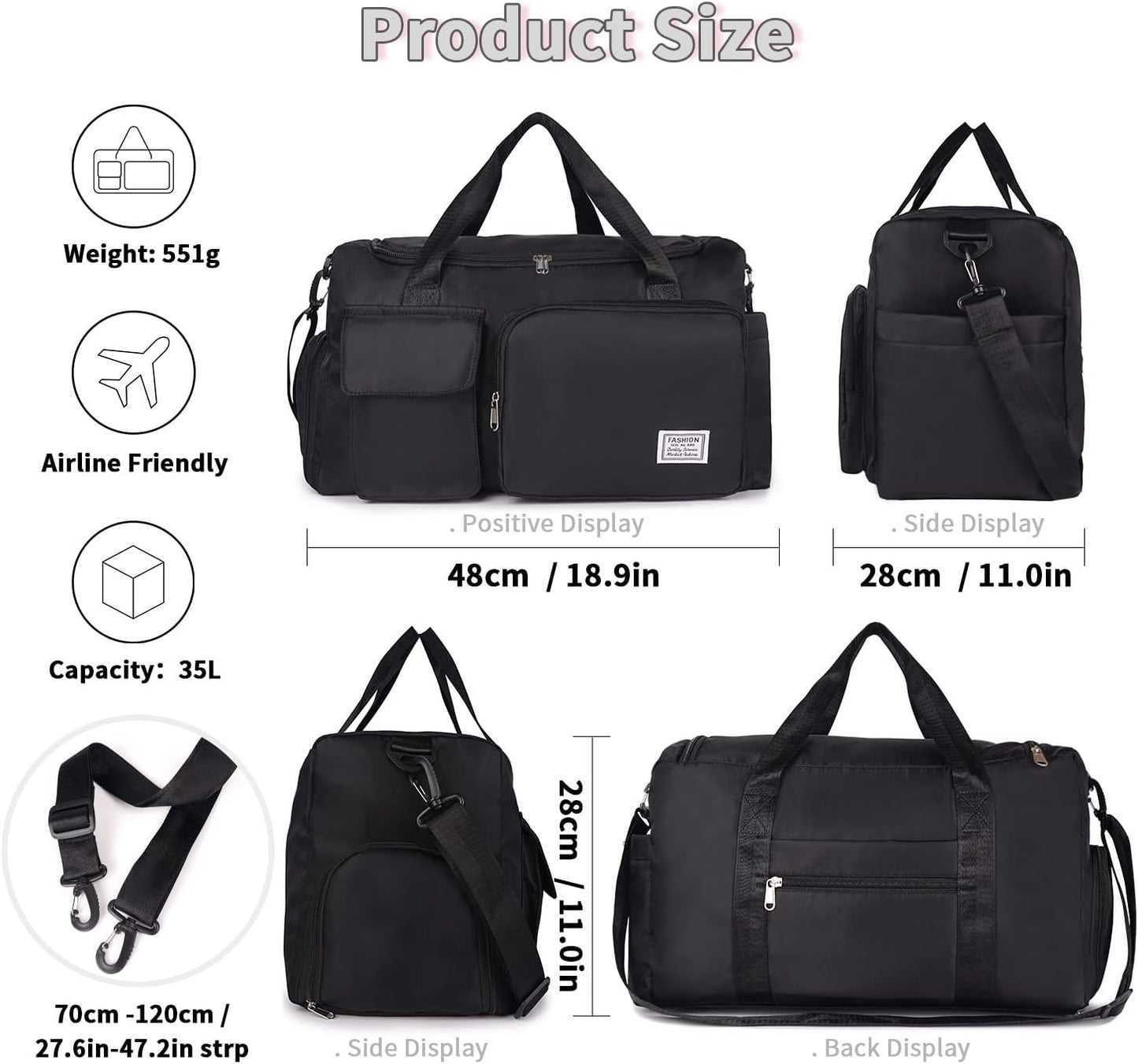 FIORETTO Women's Gym Duffle Bag with Shoes Compartment, 30L Capacity, Ideal for Travel, Gym, Sports, Duffel, Weekender