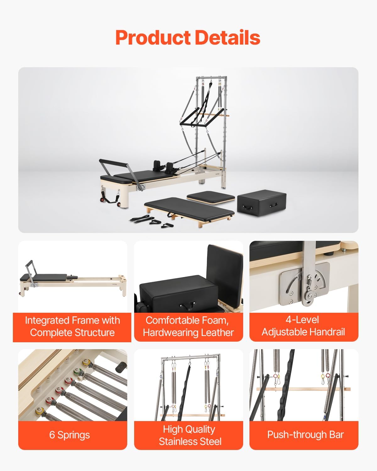 VEVOR Pilates Reformer, Reformer Pilates Machine with Cadillac Trapeze Table or Tower & Mat, Pilates Equipment for Home Workout and Studio, Includes Jump Board，Sitting Box