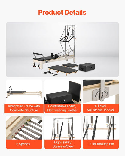 VEVOR Pilates Reformer, Reformer Pilates Machine with Cadillac Trapeze Table or Tower & Mat, Pilates Equipment for Home Workout and Studio, Includes Jump Board，Sitting Box