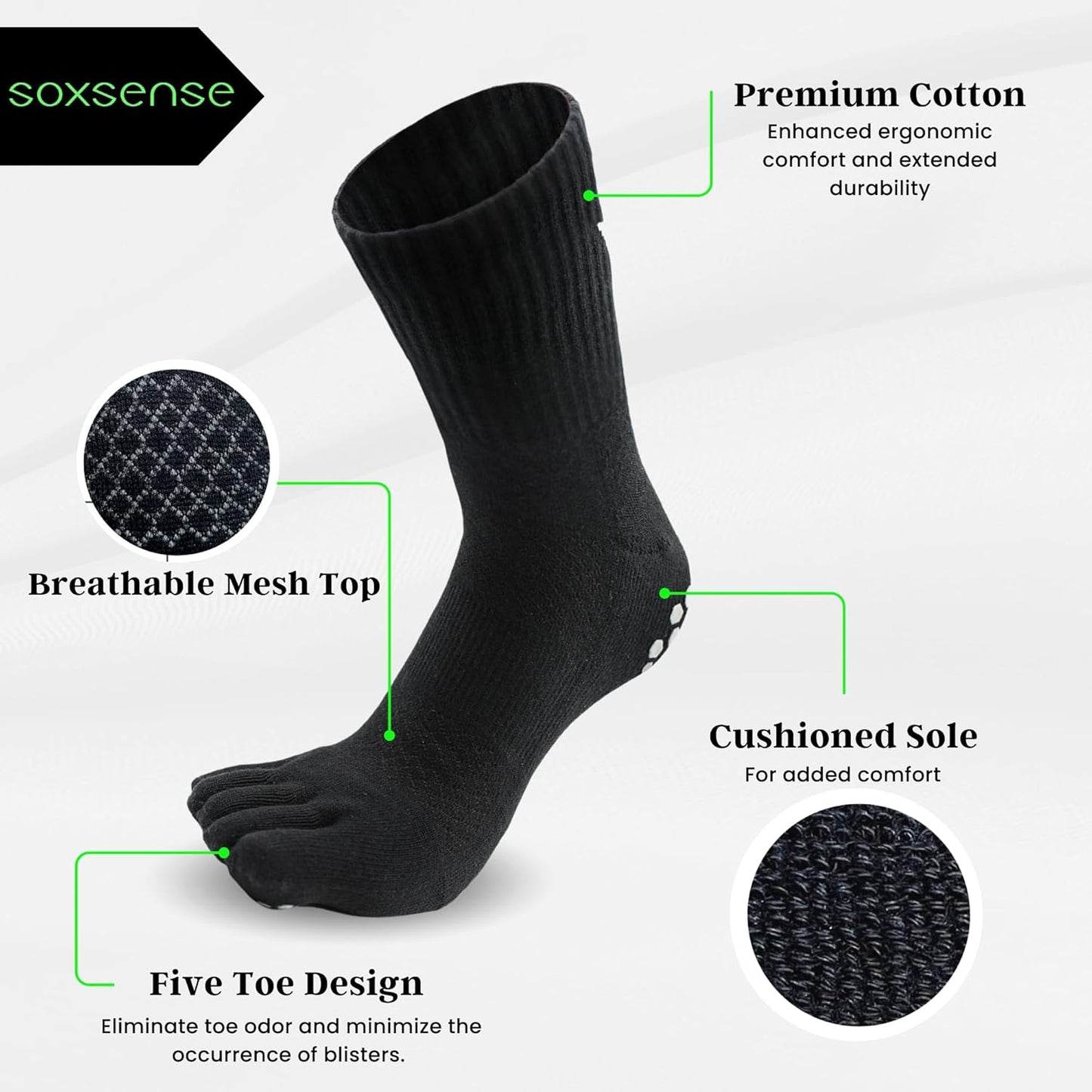 Soxsense Multi-Pack Sports Grip Toe Socks with Cushion, Non-Slip Finger Socks for Pilates, Home Gym, Soccer, basketball