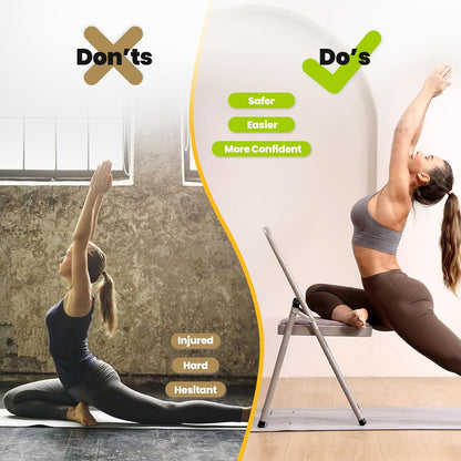 Foldable Yoga Auxiliary Chair with 3 Training Guide Posters for Versatile Exercises, Yoga Assist Handstand Chair with Detachable Lumbar Back Support for Stretching, Balance Training. (Black)