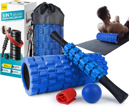 Krightlink 5-in-1 Foam Roller Set - Deep Tissue Muscle Recovery Kit with High Density Exercise Roller, Massage Ball, Resistance Band & Carry Bag for Physical Therapy & Pain Relief (Black)