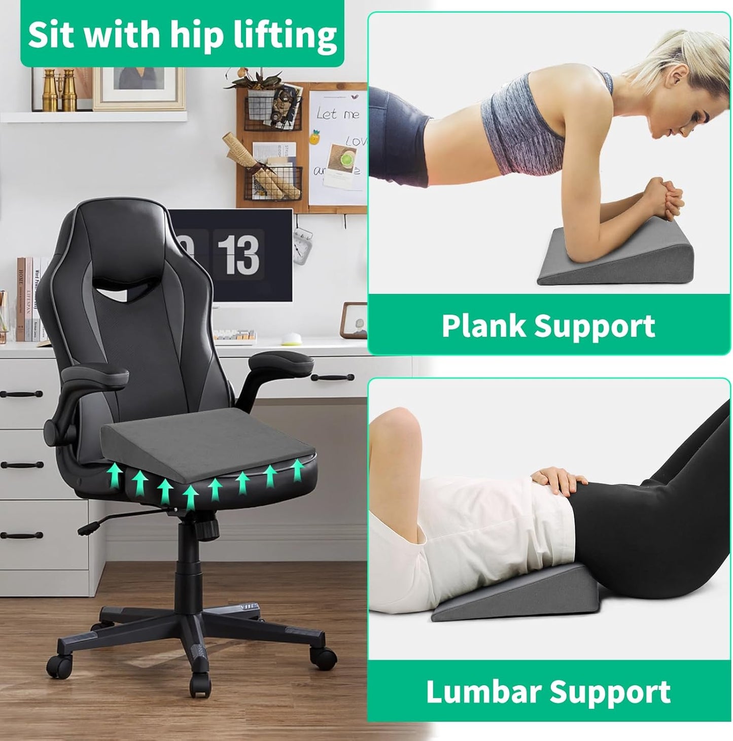 BUYUE Wedge Cushion for Butt Lift Women, Hard-Firm EVA Foam for Lift HIPS Up Fitness Training, Plank Position Mat, Non-Slip Chair Seat Pad, 15.7"x 12.5", Black