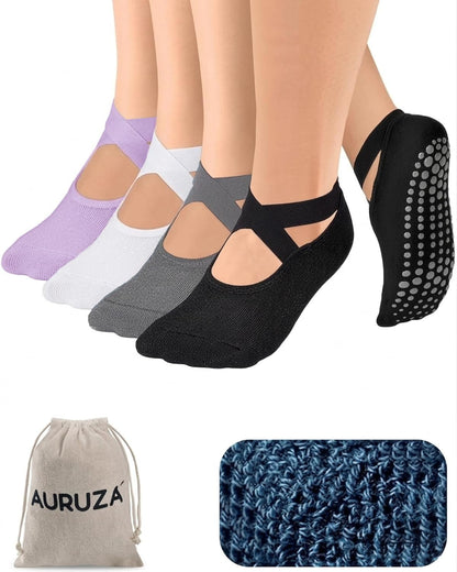 AURUZA Pilates Grip Socks for Women Non Slip Skid Yoga Socks with Grips Straps for Ballet Dance Workout Gripper Sock