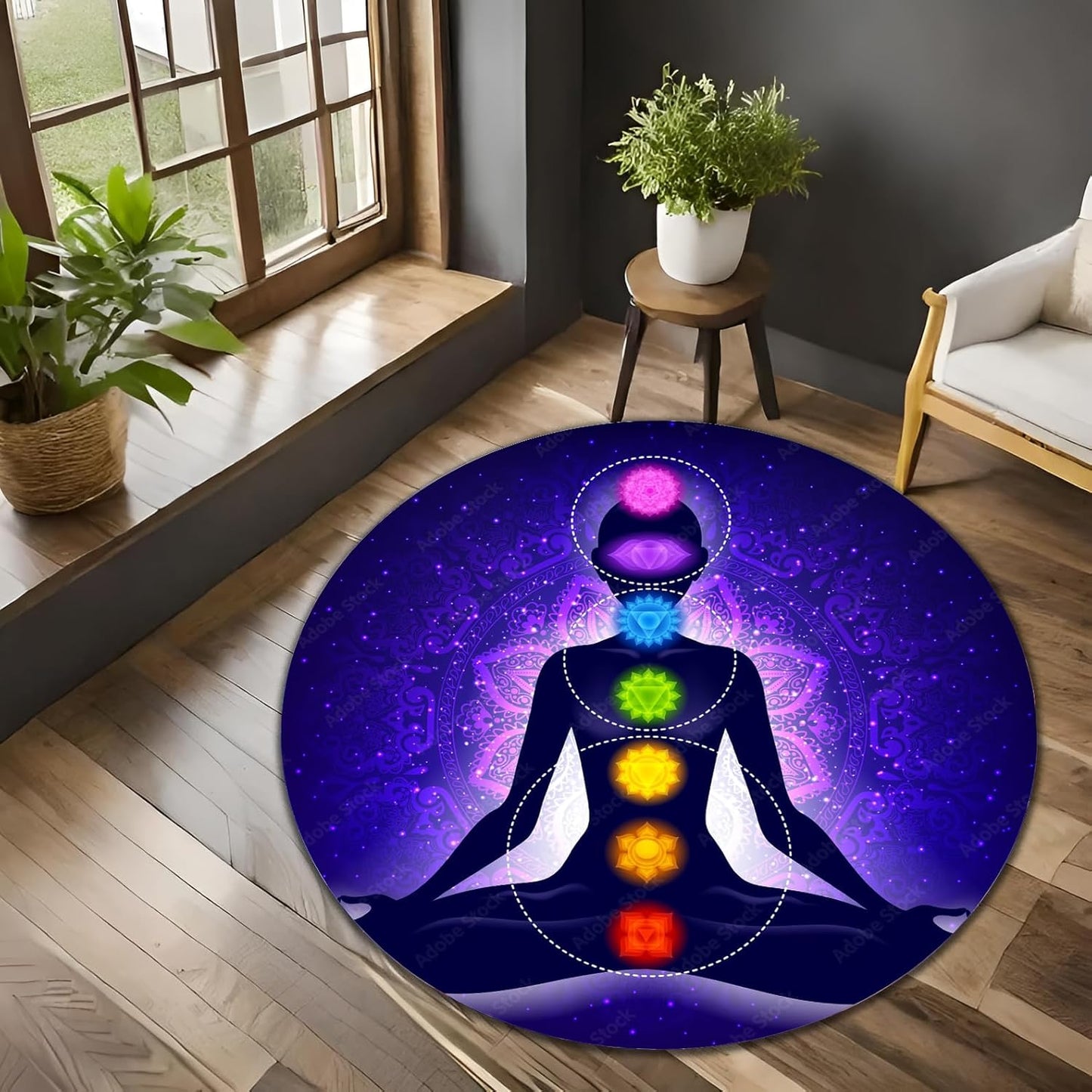 Chakra Round Area Rug, Non-Slip Meditation & Yoga Carpet for Living Room, Meditation Round Area Rugs, Modern Circular Bedroom Rug 57