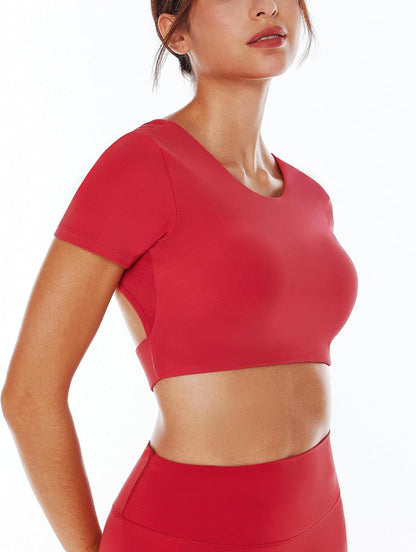 ENERBLOOM Open Back Workout Crop Tops for Women Backless Yoga Shirts Gym Short Sleeve Mild Support Compression Tee with Bra