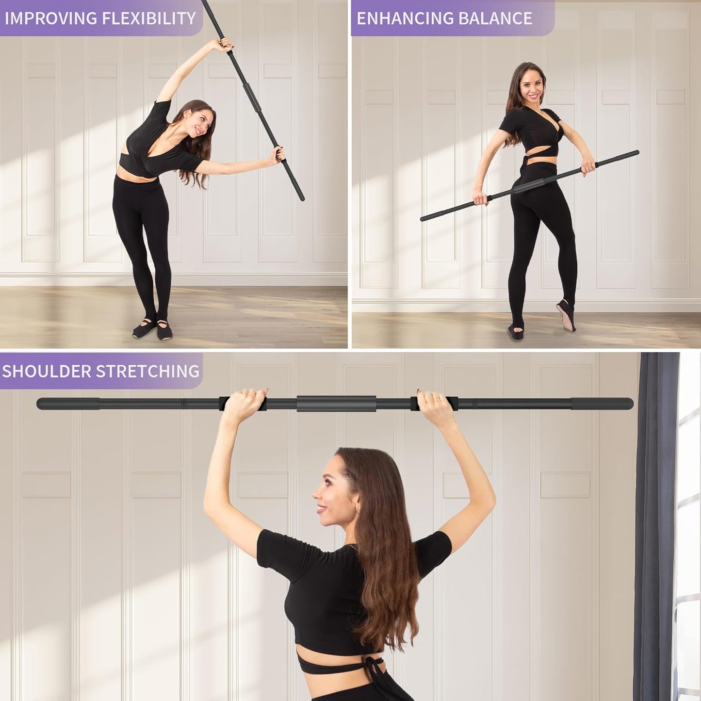 Yoga Stick 58 Inch Sturdy Alloy Steel - Adjustable Stick for Exercise, Stretching, Balance - Versatile Exercise Stick with Non-Slip Ends, Neck Cushion and Adjustable Grip Cushions