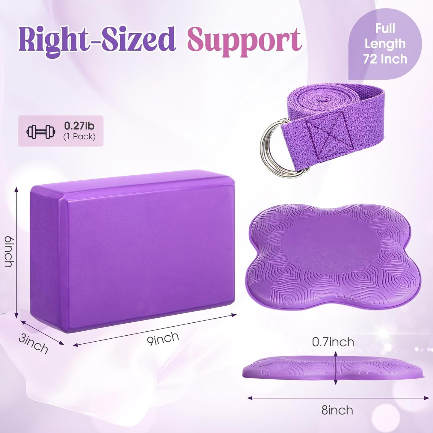 RoundFunny 5 Pcs Yoga Blocks Knee Pads Yoga Strap Set Soft Premium Foam Blocks Accessories for Pilates Meditation General Fitness Stability, Kneeling, Balance, Deepen Stretches and Toning