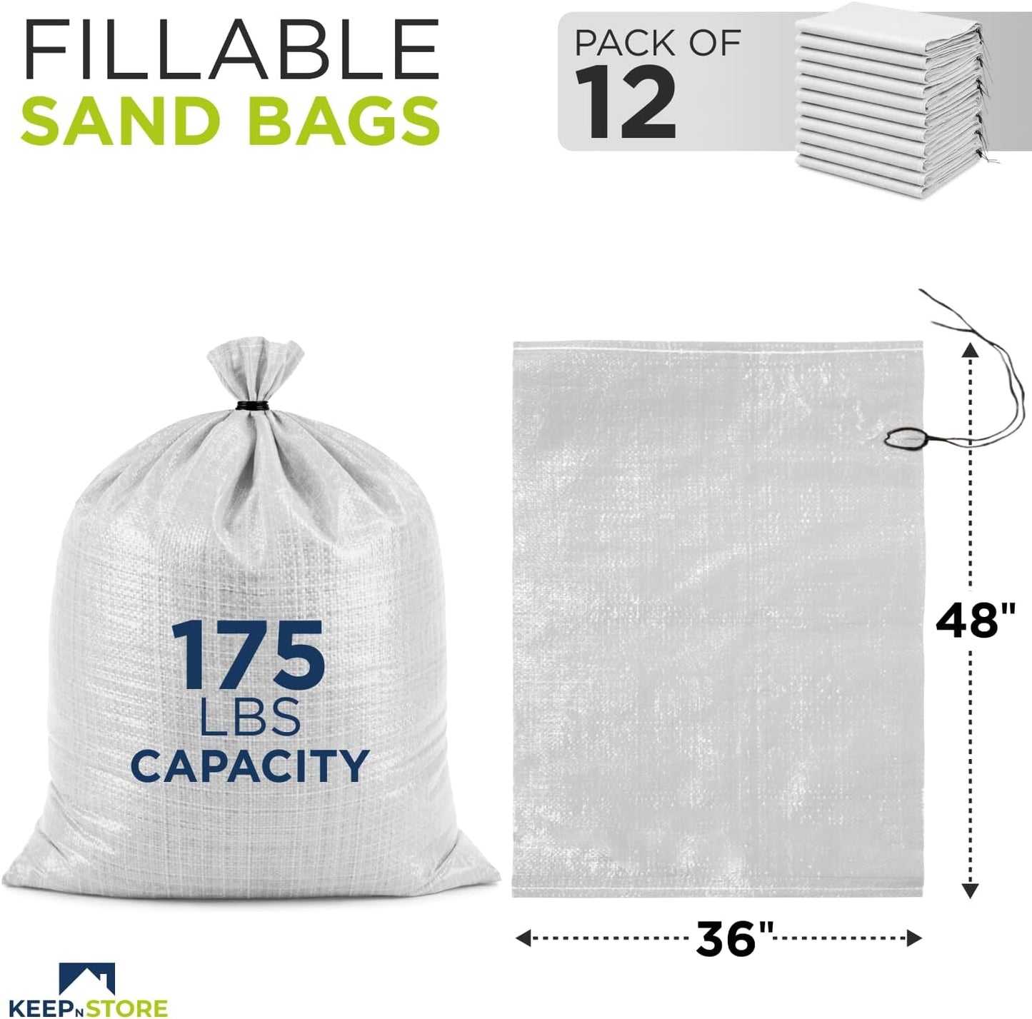 Heavy Duty Sand Bags Pack of 3, White Empty Sandbags with Built-In Ties, Woven Polypropylene UV Protection 1600 Hours, Fillable Sand Bags for Flood Control, Weight, 10x14 inches, 15 Pounds Volume