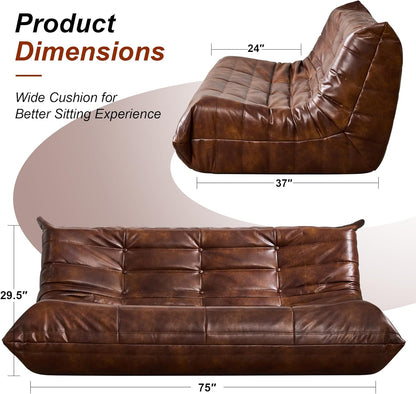 Hobestluk Giant Bean Bag Chair Lazy Floor Sofa, Memory Foam Fireside Sofa for Adults, Big Beanbag Faux Leather Armless Chair for Living Room Bedroom Dorm Office (Brown, Single)