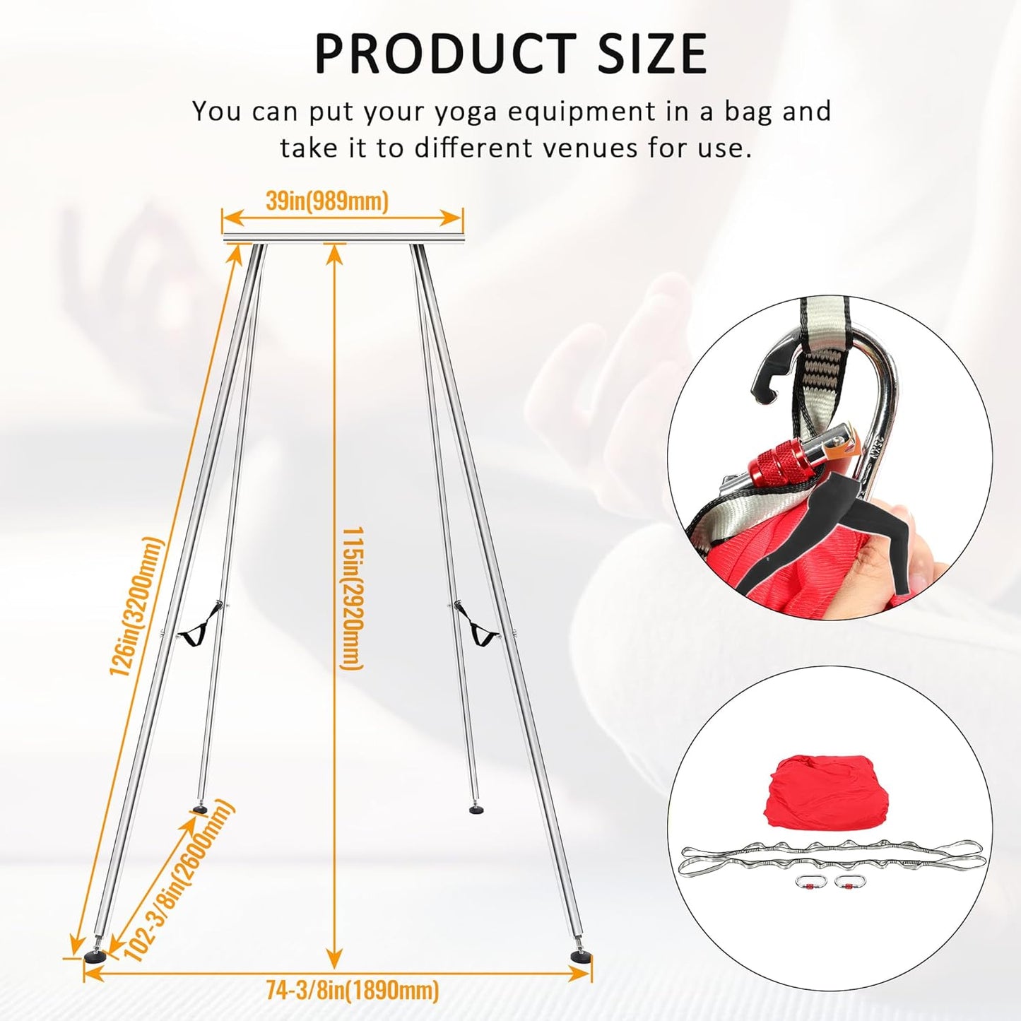 HECASA 9.6FT Adjustable Height Yoga Frame & Yoga Hammock, Professtional Yoga Swing Stand Comes with 236 Inch Aerial Silk, Supports Up to 550lbs, Suitable for Both Indoor and Outdoor Yoga Exercise