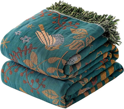 Boho Throw Blanket - 100% Cotton Soft Summer Throw Blanket for Bed, 50"x60" Reversible Breathable Lightweight Blankets, All Seasons Farmhouse Decor Floral Plant Butterfly Throw Quilt