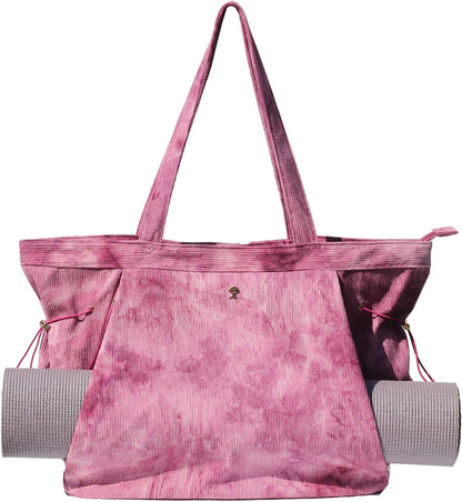 ESVAN Corduroy Yoga Tote Bag Gifts for Women Drawstring Yoga Mat Bag for Office Workout Travel Carryall Pilates Gym
