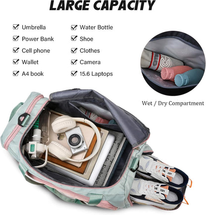 Eslcorri Gym Duffle Bag for Women Men, Sports Backpack with Wet & Shoe Compartment, Fitness Overnight Weekender Bag for Yoga, Swim, Travel (Style B, GreenPink)