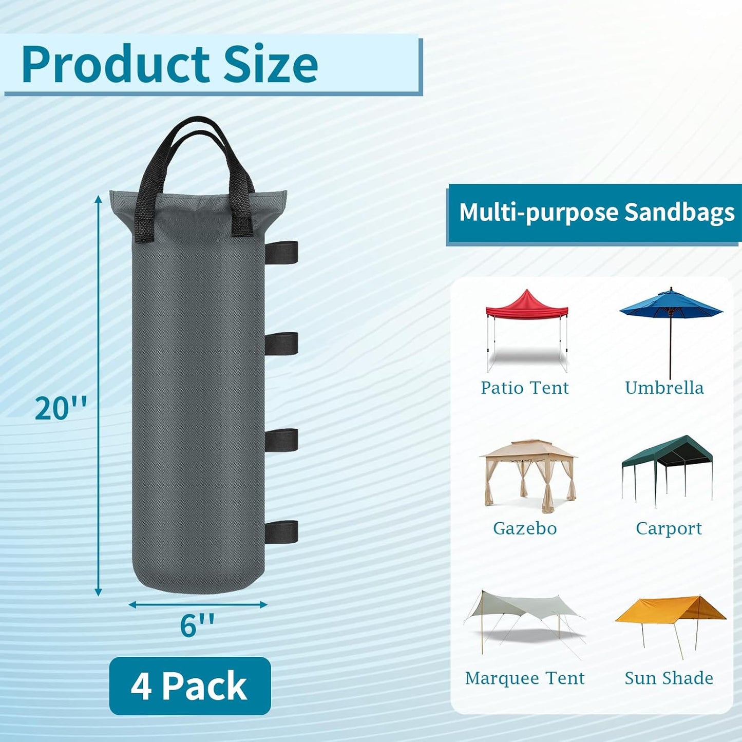 4 Sand Bags for Weight, Heavy Duty Sandbags for Canopy Legs, Extra Large Pop Up Tent Weights, Canopy Weight Bags for Gazebo, Outdoor Sun Shelter, Umbrella - Black, 6"×20", Without Sand