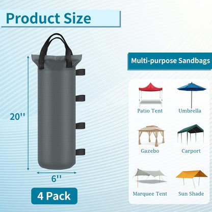 4 Sand Bags for Weight, Heavy Duty Sandbags for Canopy Legs, Extra Large Pop Up Tent Weights, Canopy Weight Bags for Gazebo, Outdoor Sun Shelter, Umbrella - Black, 6"×20", Without Sand