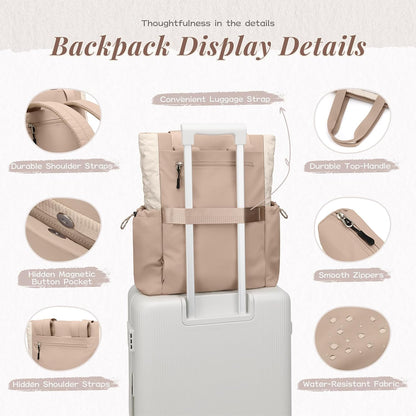 GOLF SUPAGS 3-in-1 Laptop Tote Backpack for Women 15.6" Quilted Work Gym Bag with Hidden Yoga Mat Carrier for Travel Leisure (Gravel Brown & Beige)