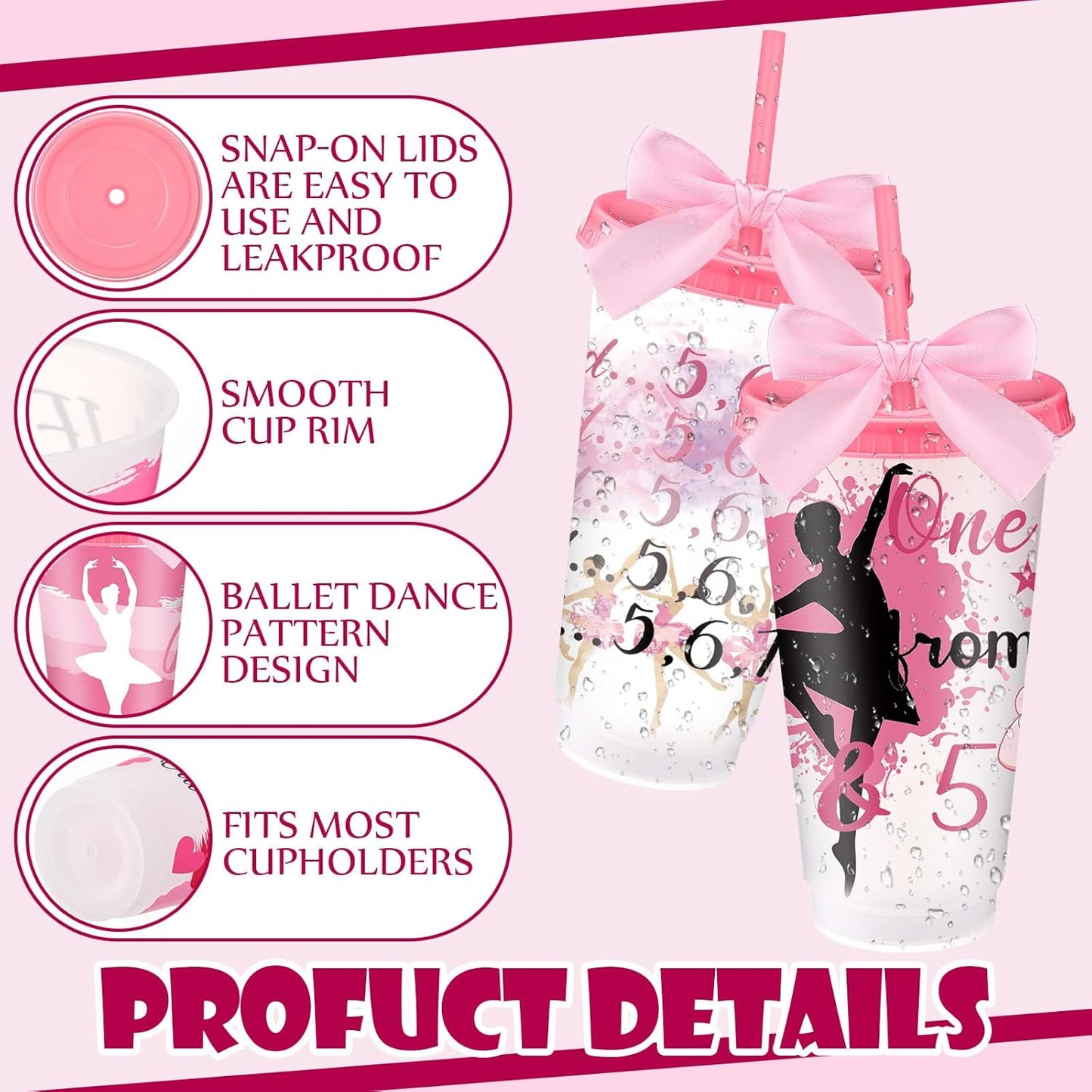 Geyoga 12 Pcs Yoga Dancer Appreciation Gifts Bulk for Women 24 oz Plastic Ballet Dance Reusable Tumbler Cup with Lid Straw Ribbon Bow for Dancer Team Gift Performance Competition Birthday Party Favor