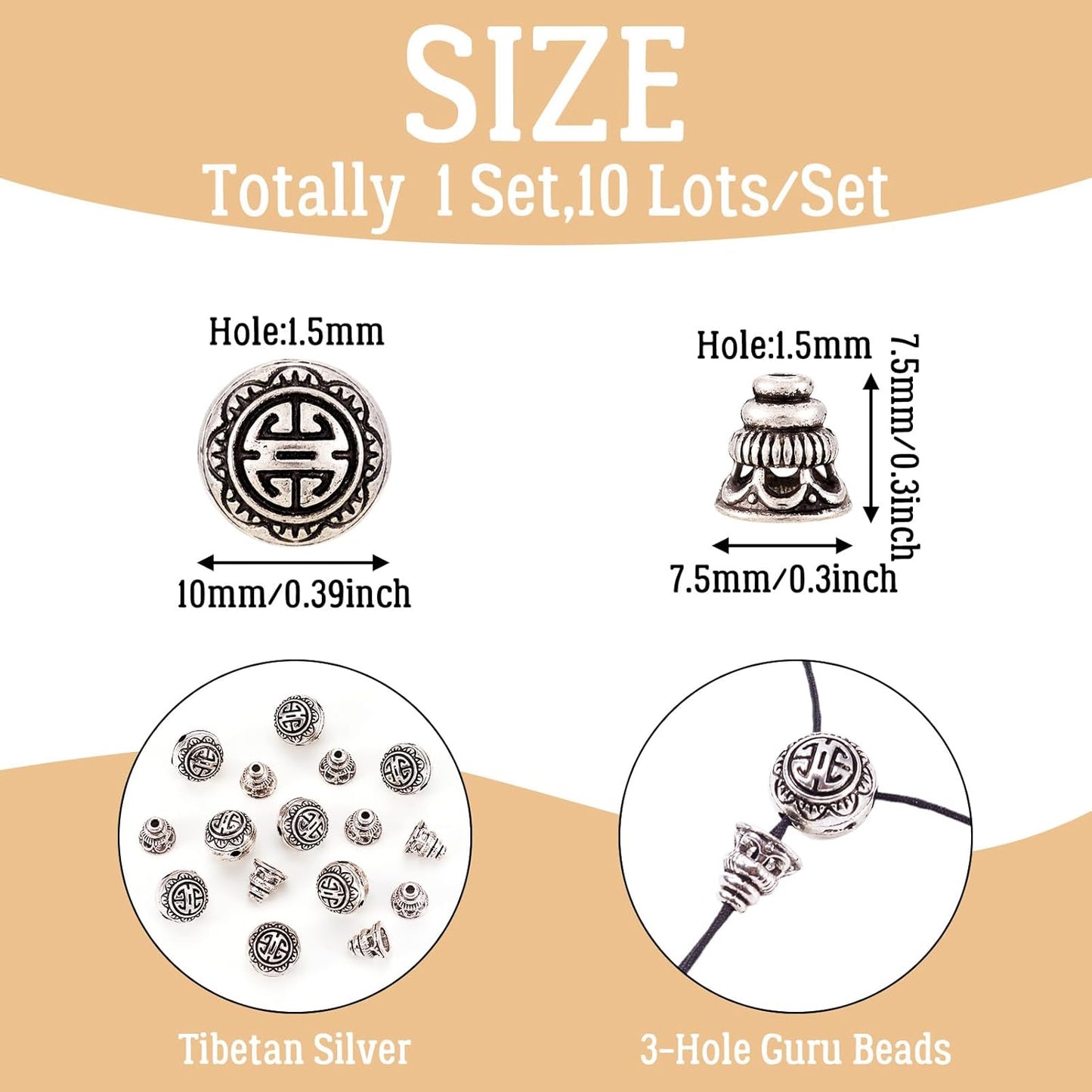 Pandahall 10Sets/20pcs Tibetan Silver Guru Bead Prayer Beads Charms Sets 3-Hole Round & Calabash Buddha Head Beads Cap Antique Silver Mala Jewelry Making