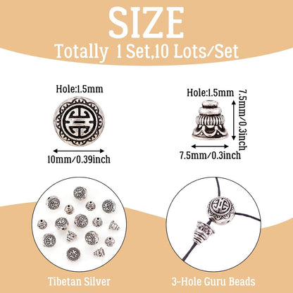 Pandahall 10Sets/20pcs Tibetan Silver Guru Bead Prayer Beads Charms Sets 3-Hole Round & Calabash Buddha Head Beads Cap Antique Silver Mala Jewelry Making