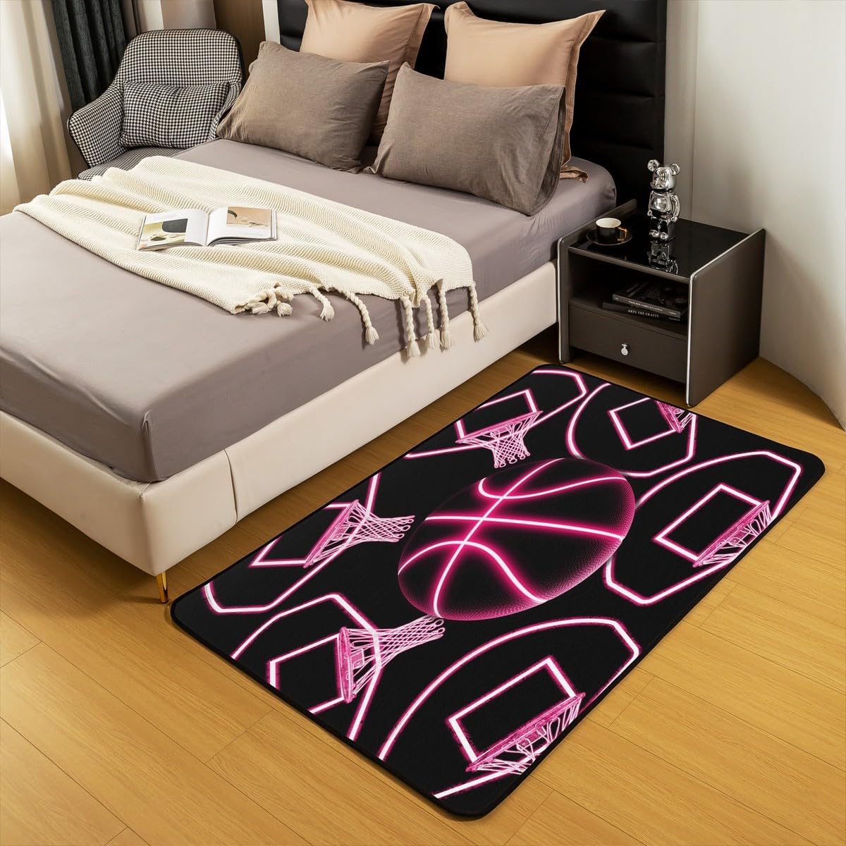 jejeloiu Basketball Living Room Rugs for Bedroom 5x7 Kids Gaming Sports Decor Carpet for Boys Girls Teens Ball Games Area Rug Soft Gift for Basketball Lover Grey and Black Room Decor