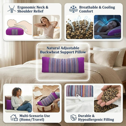 Adjustable Buckwheat Hull Pillow for Neck Pain Relief (21x8x4in) Natural Cooling Cervical Support Organic Pillow for Side & Back Sleepers with Night Sweats (Grey)