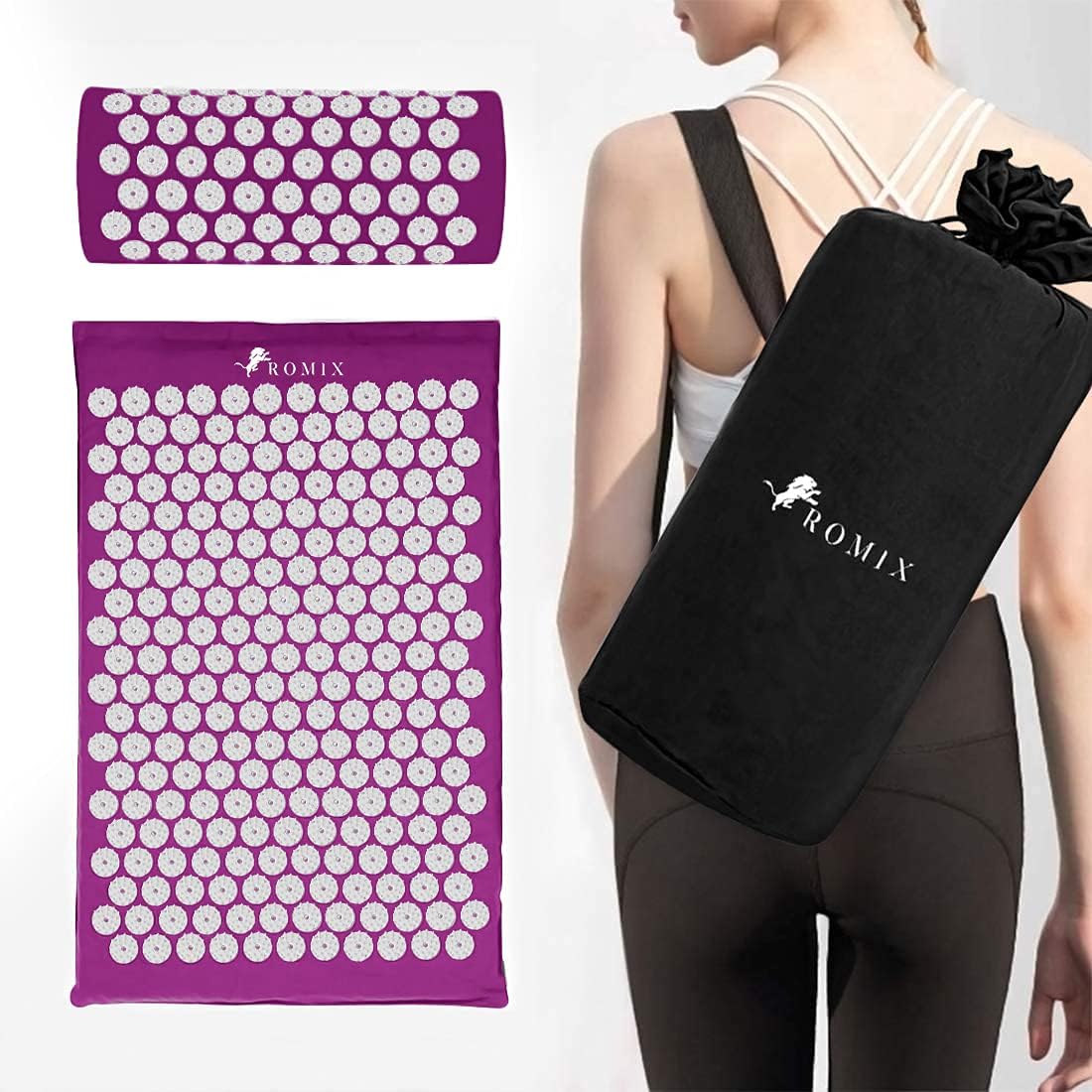 ROMIX Acupressure Mat and Pillow Set, Acupuncture Mat for Back Pain, Neck, Shoulder Pain Relief, Stress Reduction, Wellness Therapy, Cushioned Acupressure Mats with Carry Bag for Men and Women