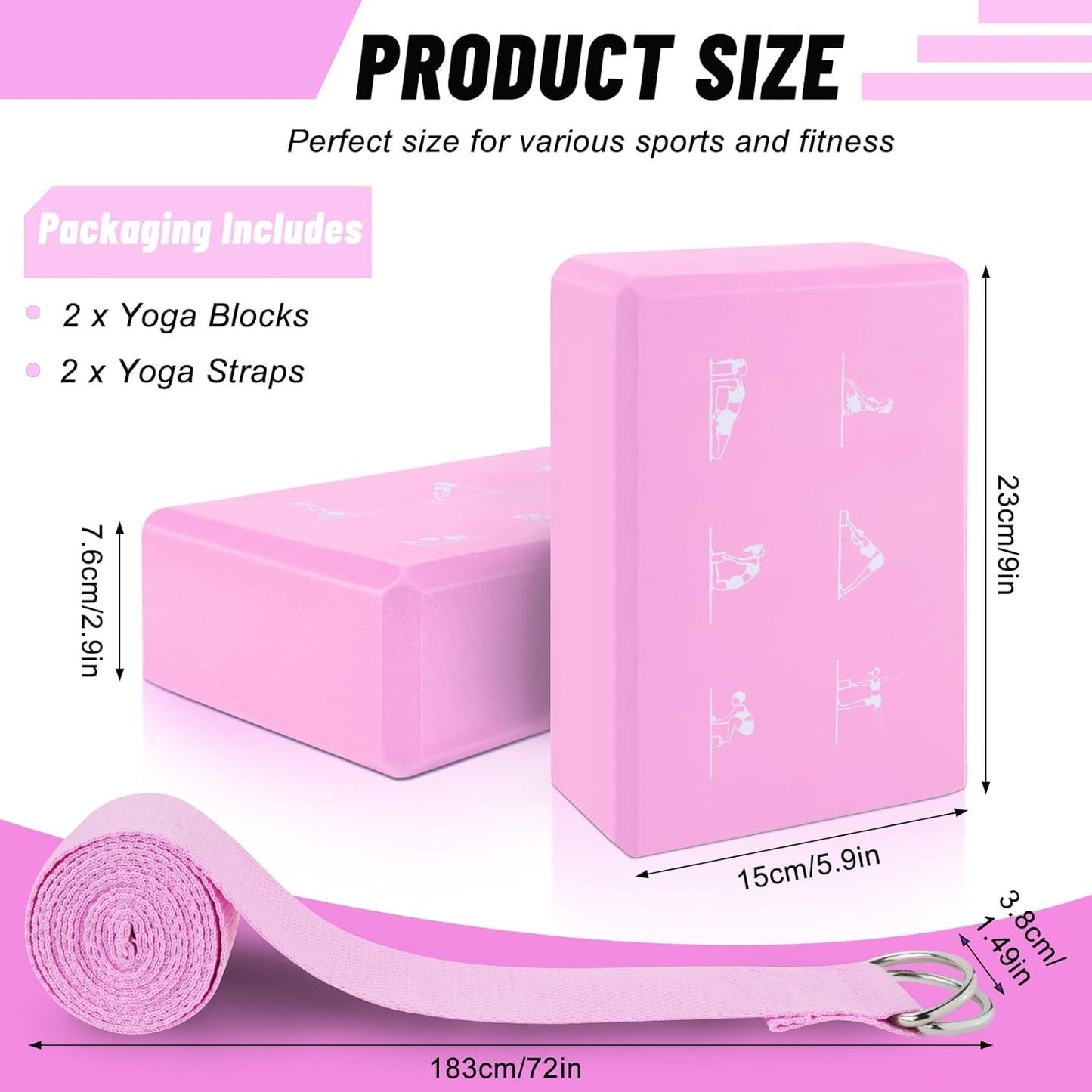 RETON 2 Pack Yoga Blocks and 2 Yoga Straps Set, Soft Non-Slip Yoga Block for Pilates, High Density EVA Foam Yoga Brick with Yoga Strap for General Fitness, Stretching, Improve Strength and Flexibility