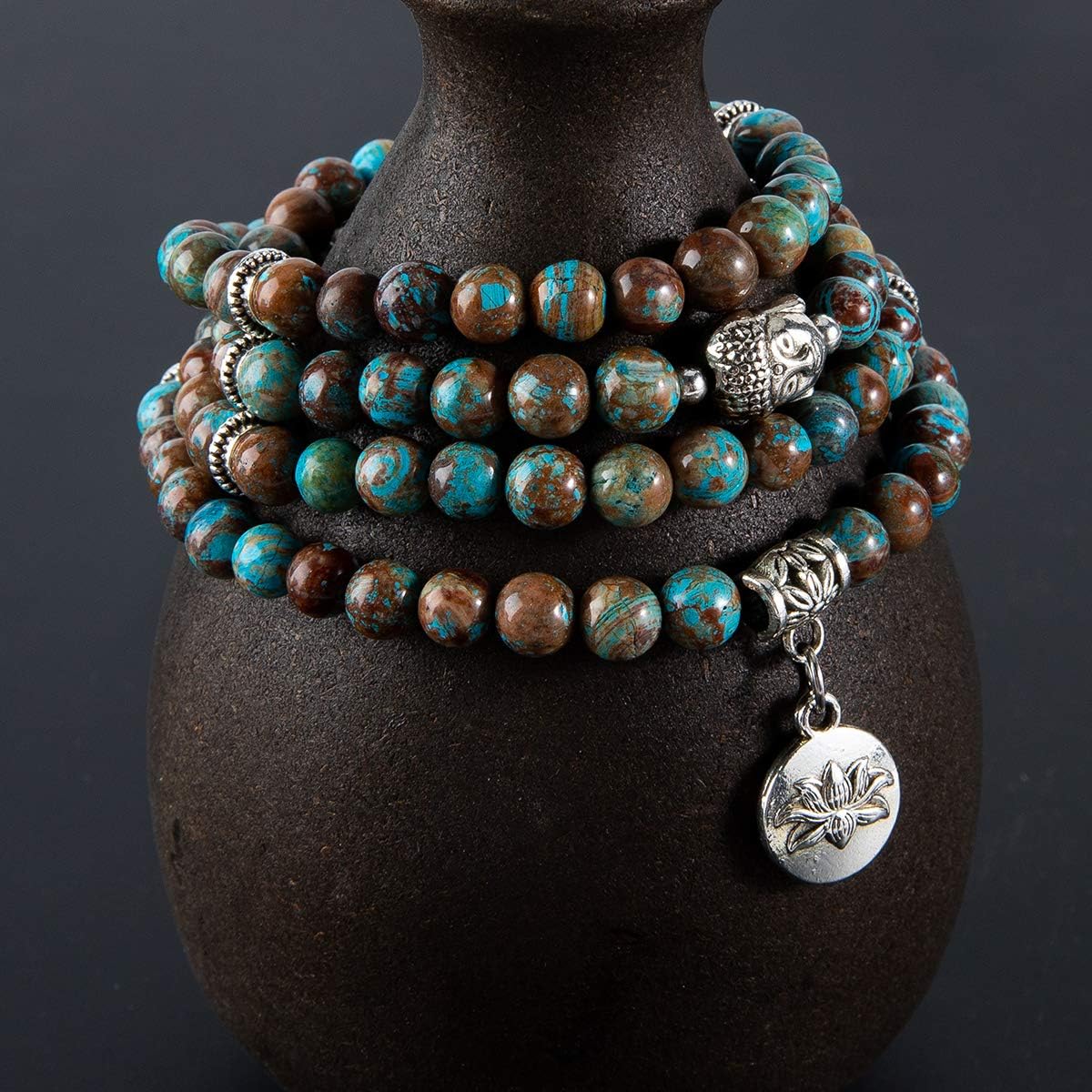 Bivei 108 Mala Beads Necklace Long Beaded Wrap Bracelets Genuine Gemstone Mala Prayer Beads Lotus Buddha Charm Yoga Meditation Necklace