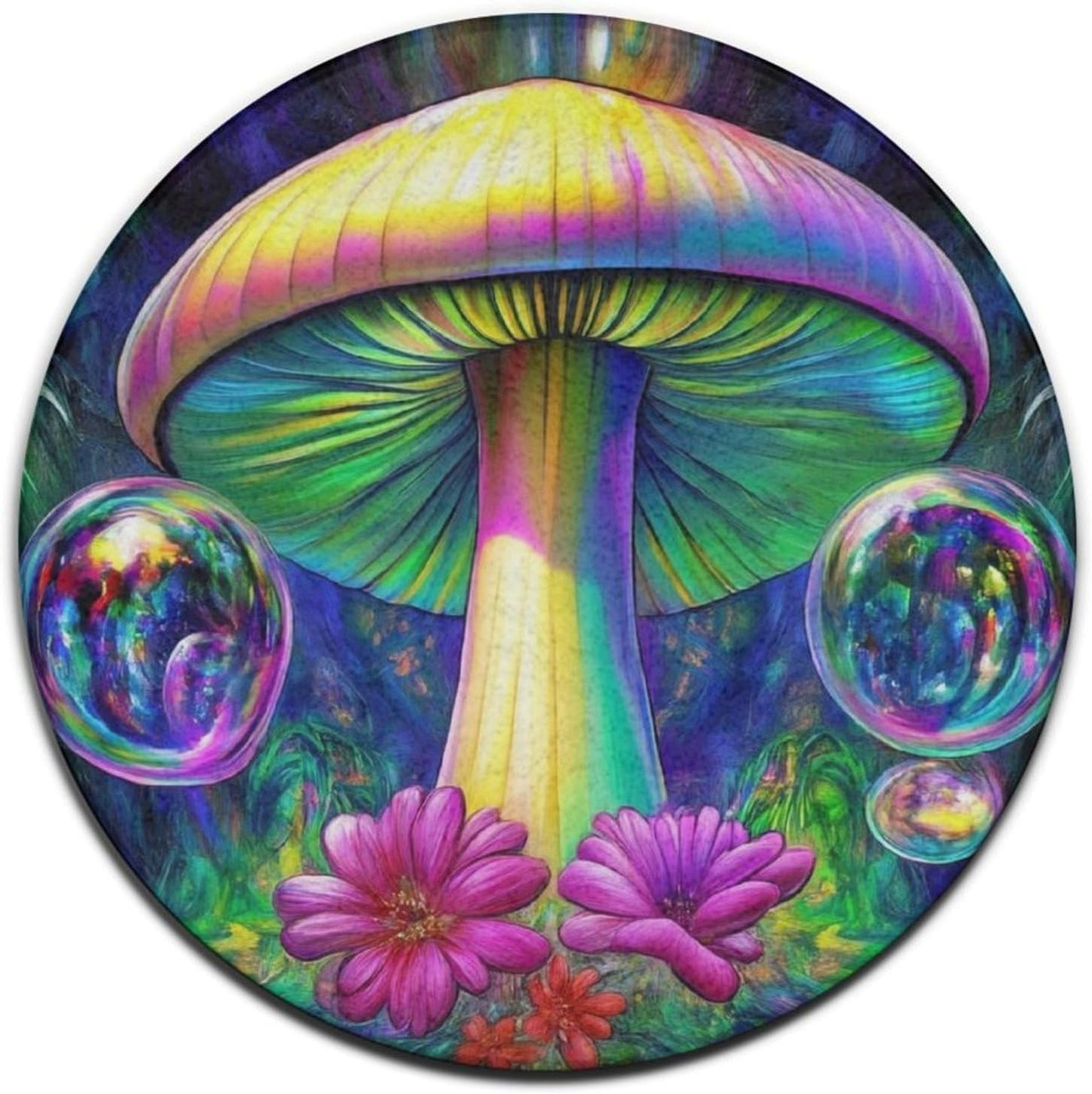Machine Washable Modern Round Area Rug, Room Sofa Yoga Soft Round Carpet, Home Decor Non Slip Kitchen Office Circle Rug Trippy Rainbow Mushroom Tie Dye Art, 60inch