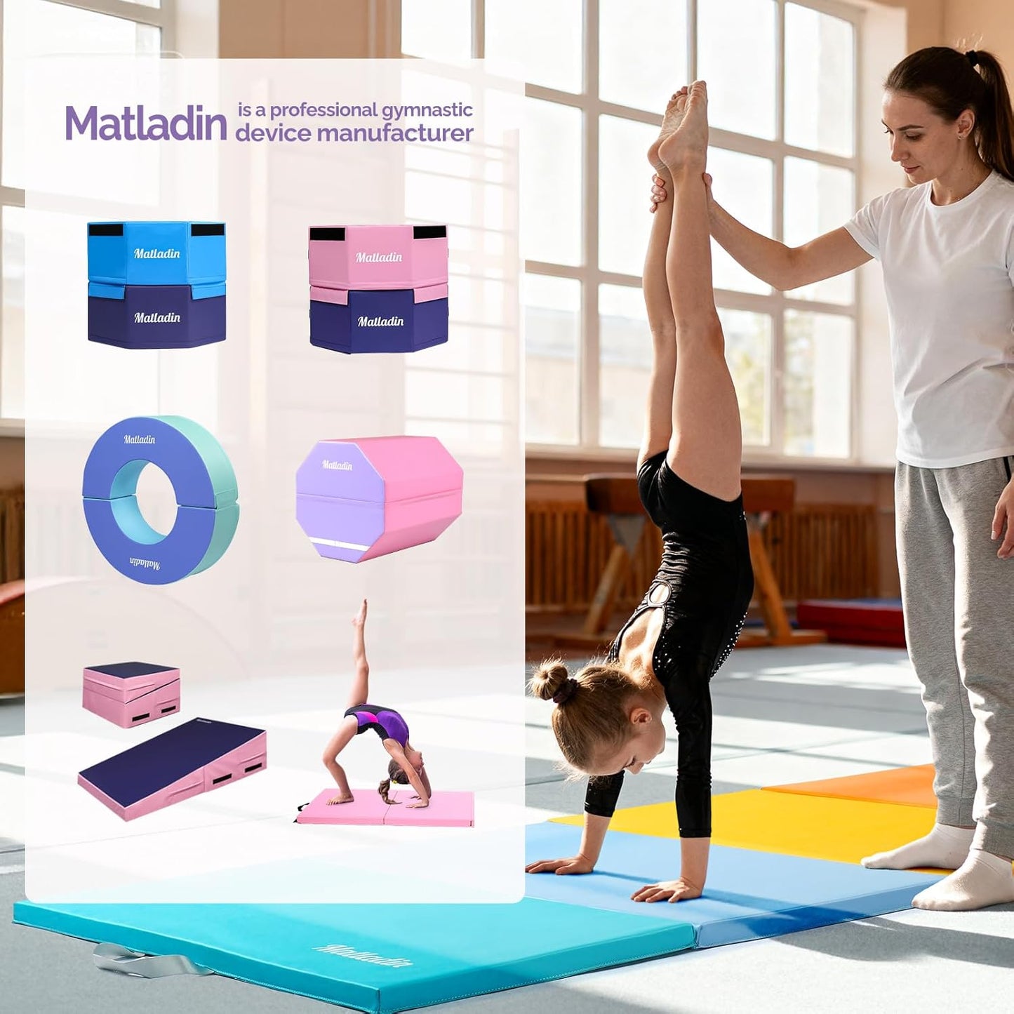 Matladin Folding Gymnastics Mat for Kids, 6'x3'x1"/8'x3'x1" PU Leather Gym Exercise Mats for Tumbling, Cheer, Yoga, Fitness, Pilates and Martial Art