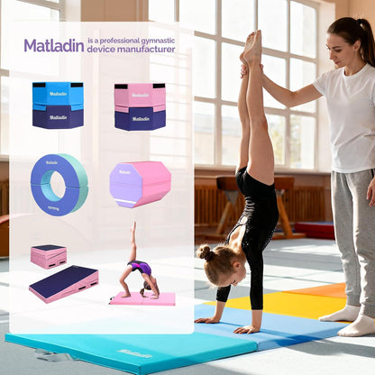 Matladin Folding Gymnastics Mat for Kids, 6'x3'x1"/8'x3'x1" PU Leather Gym Exercise Mats for Tumbling, Cheer, Yoga, Fitness, Pilates and Martial Art