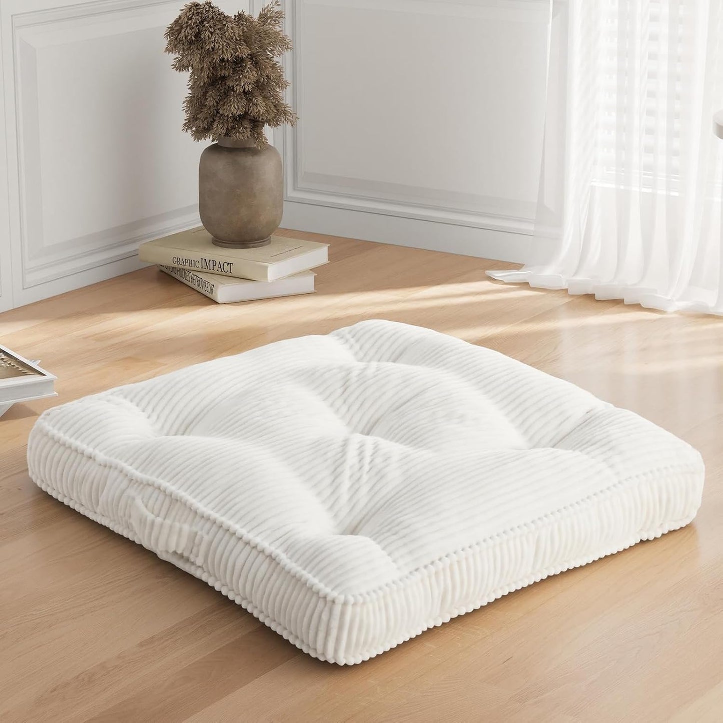 Meditation Floor Cushion, 22x22 Tufted Floor Pillow for Adults, Square Large Meditation Cushion Pillow, Green Corduroy Sitting with Handle, Yoga Seating for Tatami, 1Pack