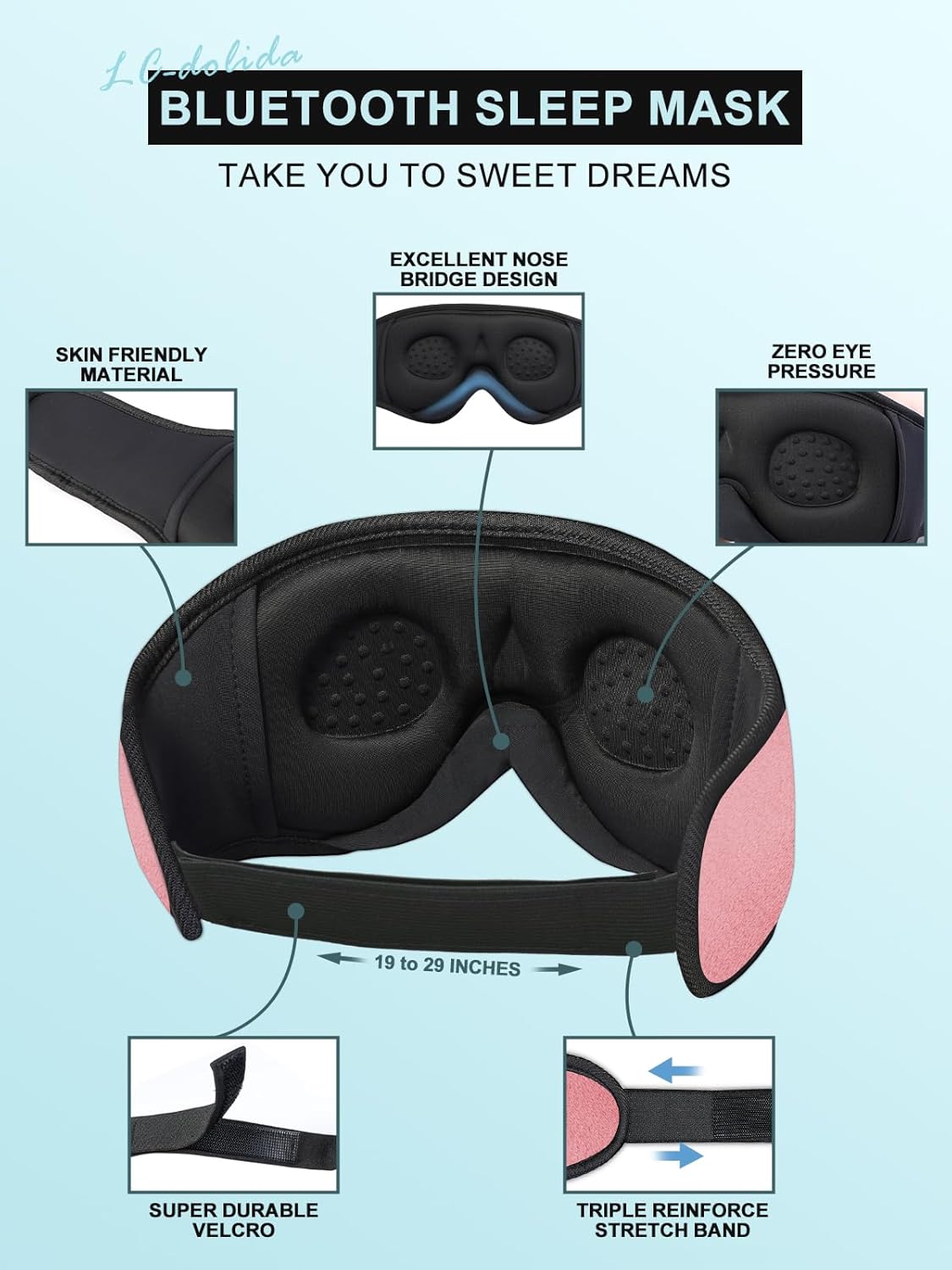 LC-dolida Sleep Headphones, 3D Sleep Mask Bluetooth Wireless Music Eye Mask, Sleeping Headphones for Side Sleepers Sleep Mask with Bluetooth Headphones Ultra-Thin Stereo Speakers Perfect for Sleeping
