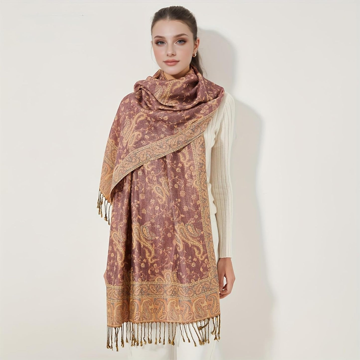 Ciormis Two Tone Silky Paisley Pashmina Shawl Scarf,Soft Women's Rave Jacquard Pashminas Wrap Scarves