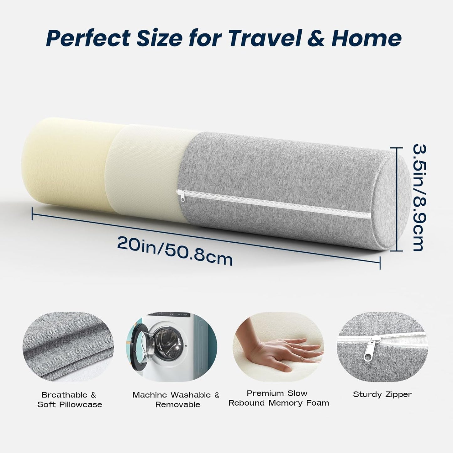Neck Roll Pillow, Memory Foam Neck Support Pillows, Round Neck Pillows, Cylinder Bolster Pillows for Bed, Couch, and Yoga, Removable Washable Cover,18 * 4.1 * 4.1inch (Cool-Blue)