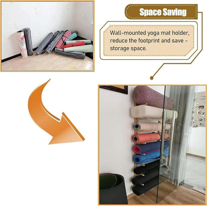 Wooden Yoga Mat Storage Rack, 6/9 Tier Roller Storage Holder Wall Mount, Large Capacity Exercise Mats Display Stand Wall Yoga Shelf for Gym Studio Office Foam