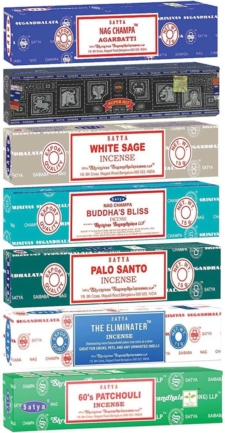 Satya Incense Gift Set Nag Champa, Super hit, Dragon's Blood, Sandalwood, Patchouli, Lavender, Positive Vibes, 15 g