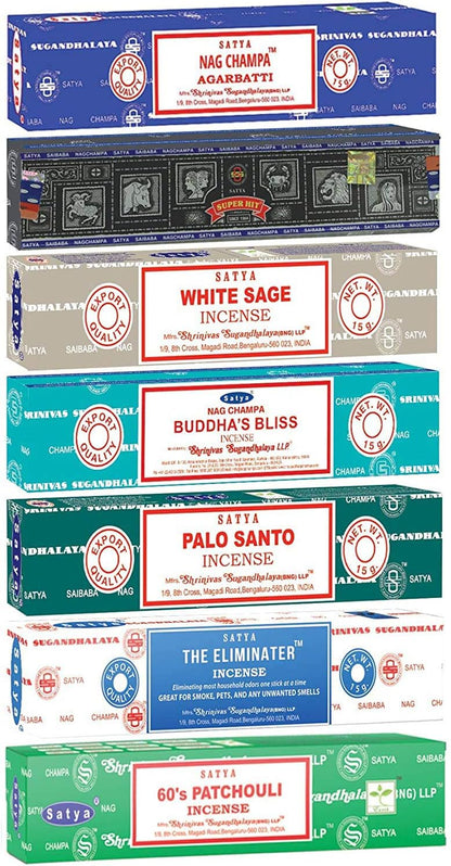 Satya Incense Gift Set Nag Champa, Super hit, Dragon's Blood, Sandalwood, Patchouli, Lavender, Positive Vibes, 15 g