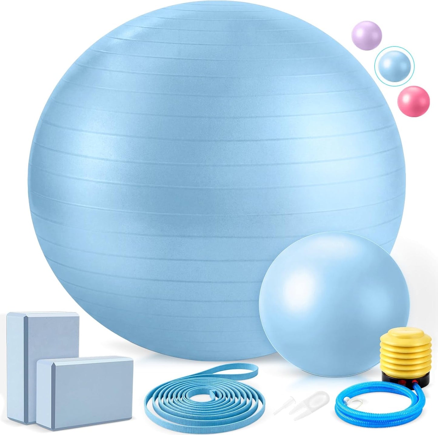 Pilates Set with 2 Yoga Exercise Balls (25.6”&9.8”), Yoga Block, Stretch Strap & Foot Pump, Stability Fitness Ball Kit for Home Gym Equipment Workout Pregnancy Physical Therapy