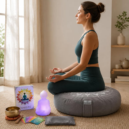 Meditation Cushion Set with Buckwheat Zafu, Breathing Light, Singing Bowl, Eye Pillow & Affirmation Cards – Meditation Kit for Beginners, Mindfulness Gift Set for Stress Relief & Yoga