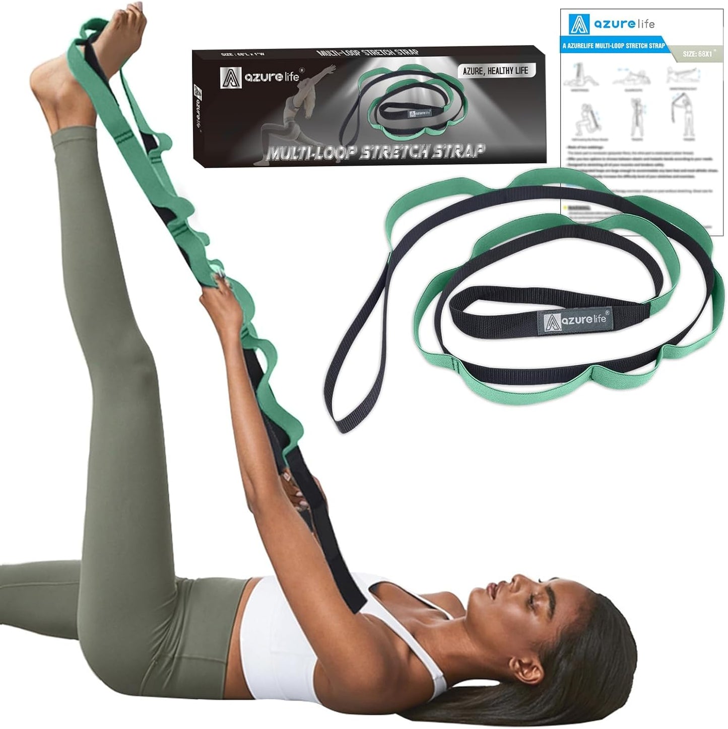 A AZURELIFE Half-Elastic Stretch Straps with 11 Loops, Stretching Strap for Physical Therapy, Multi-Loop Yoga Strap Fitness Exercise Strap for Yoga, Pilates, Dance, Flexibility&Exercise
