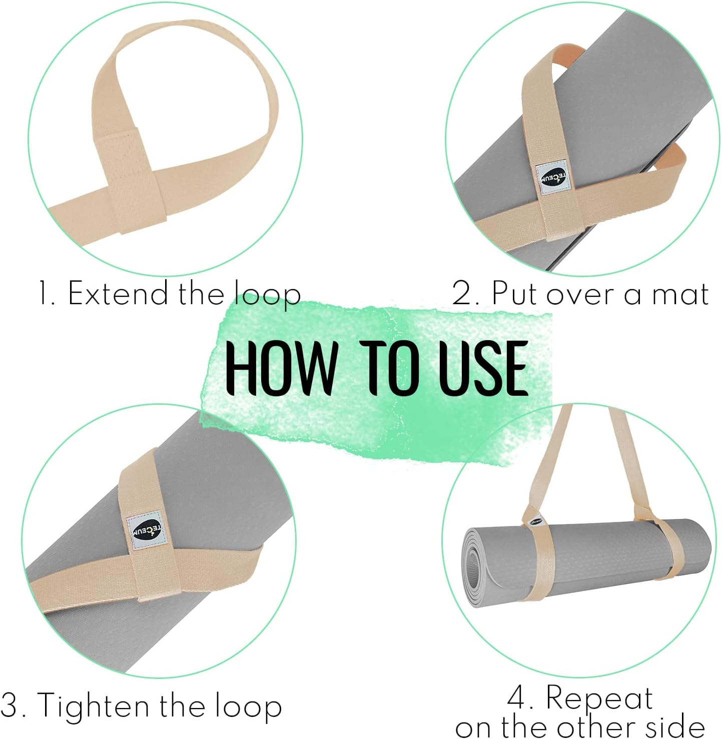 TECEUM Yoga Mat Strap – 30+ Colors – Adjustable Mat Holder Sling Carrier for All Mats [Mat Not Included]