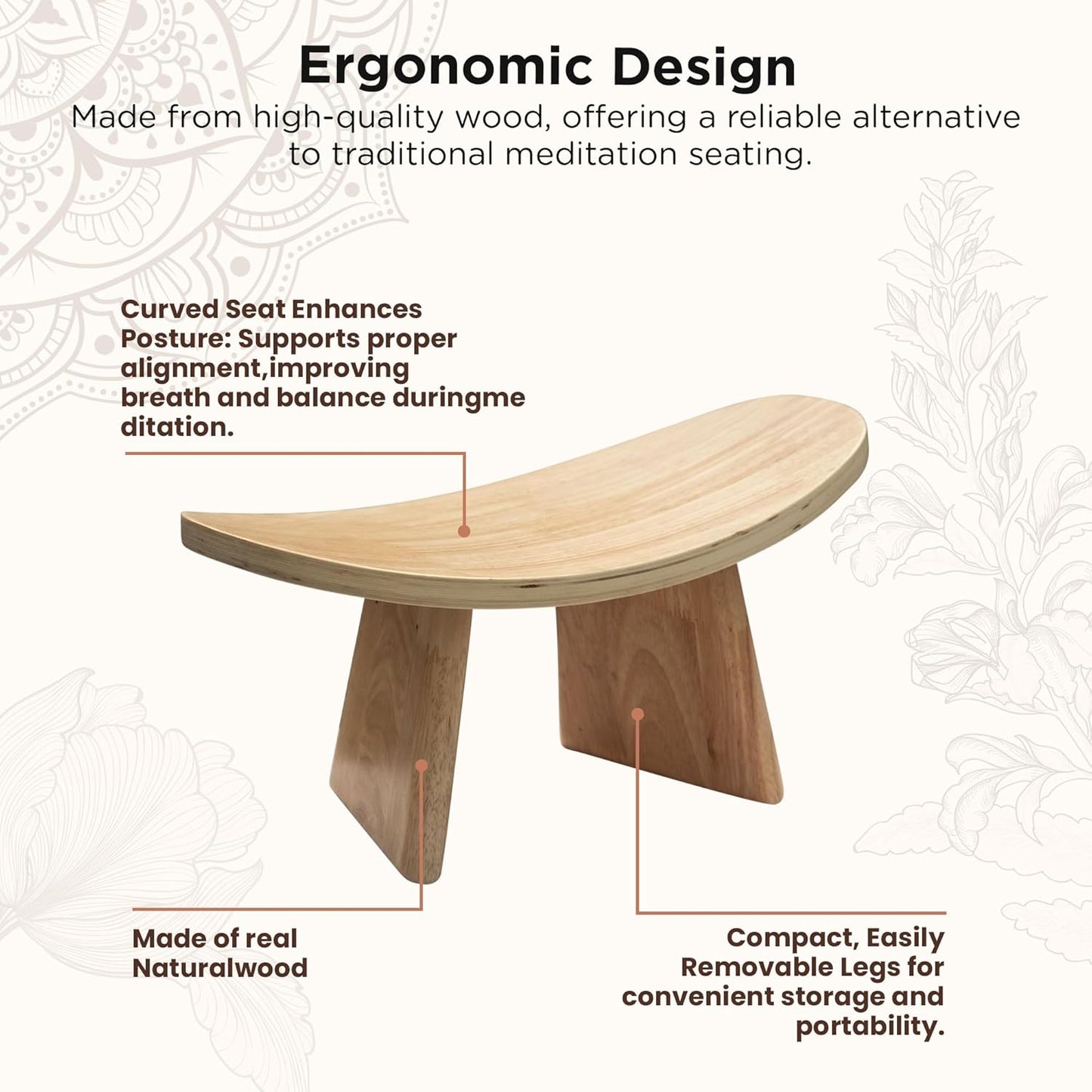 Ergonomic Wooden Meditation Bench - Kneeling Chair for Yoga, Prayer, and Seiza Practice, Portable Comfortable Meditation Stool for Deeper Meditation Mindfulness Posture Support
