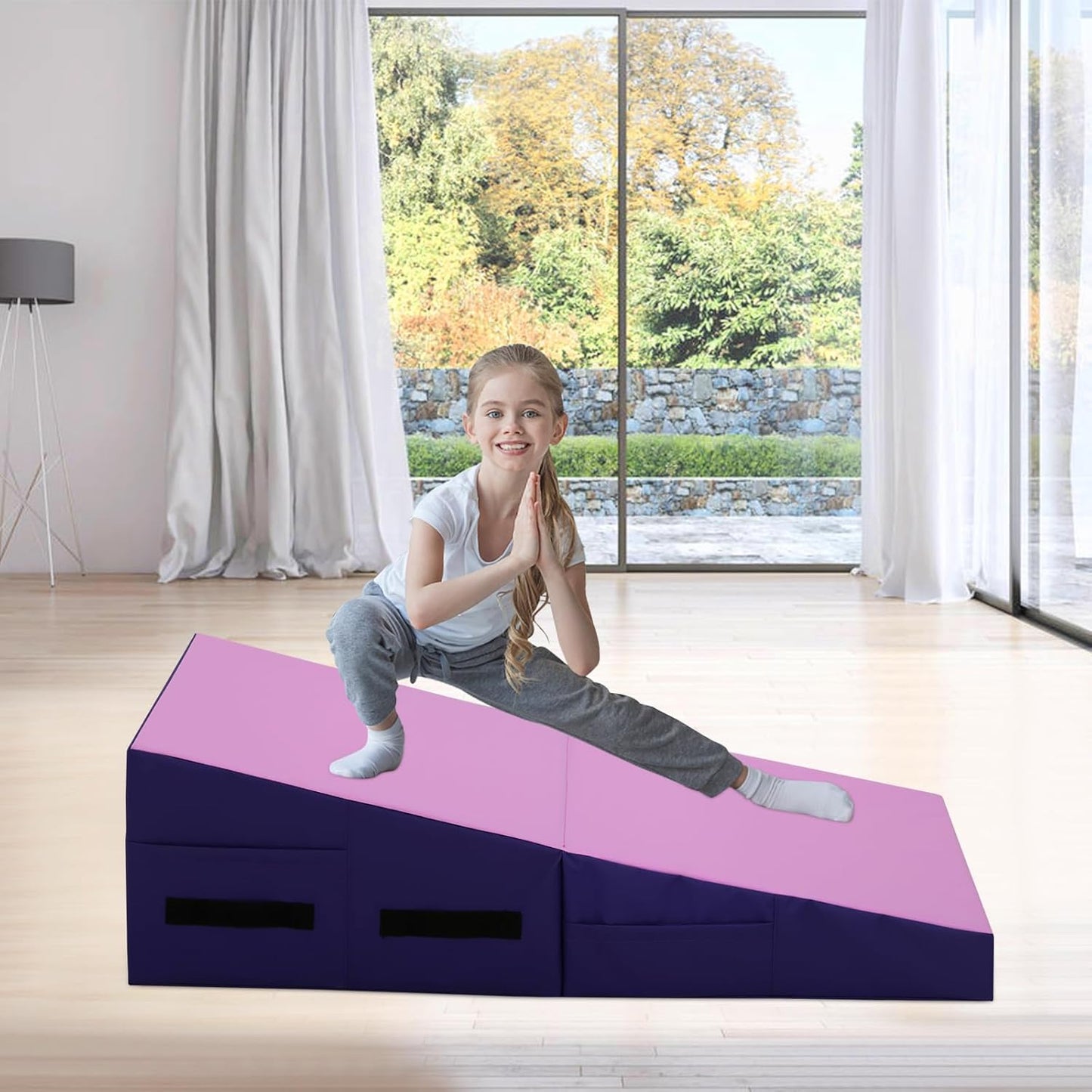 Gymnastics Mat 34”X24”X14” Incline Tumbling Mats for Home Gym, Folding Exercise Mat Cheese Wedge Mat with Non-Slip PVC Surface & Handles for Kid Adults Workout