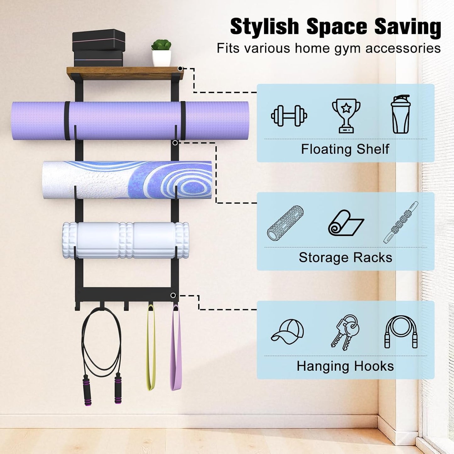 Yoga Mat Holder Wall Mount, Yoga Mats Storage Rack, Home Gym Wall Organizer Holder with Wood Floating Shelf and 5 Hooks, Storage Rack for Hanging Foam Roller/Band/Workout Equipment
