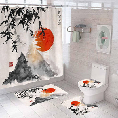 4PCS Spa Zen Shower Curtain Sets with Rugs, White Shower Curtain, Pink Floral Orchid Lotus Water Lily Stone Bamboo Water Reflection Yoga Massage Relaxing Spiritual Meditation Bathroom Decor