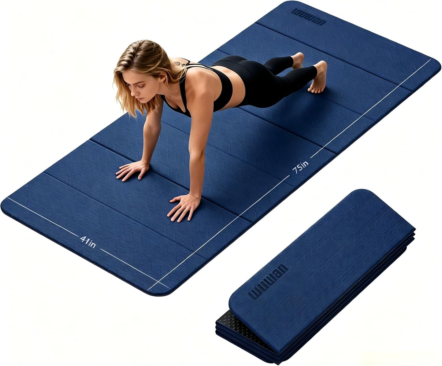 Foldable Yoga Mat Thick 10mm-WUWAN Extra Large Exercise Mat, TPE Material, Non-Slip Fitness Folding Mat Easy to Carry, Suitable for Home Workout Travel Pilates (75" x40",2/5") (Blue)