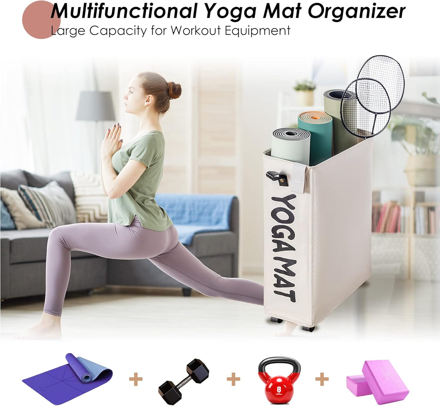 Caroeas Yoga Mat Storage Rack, Yoga Mat Holder Accessories, Home Gym Equipment Storage Yoga Mats, Women Men Workout Equipment Organization with Wheels